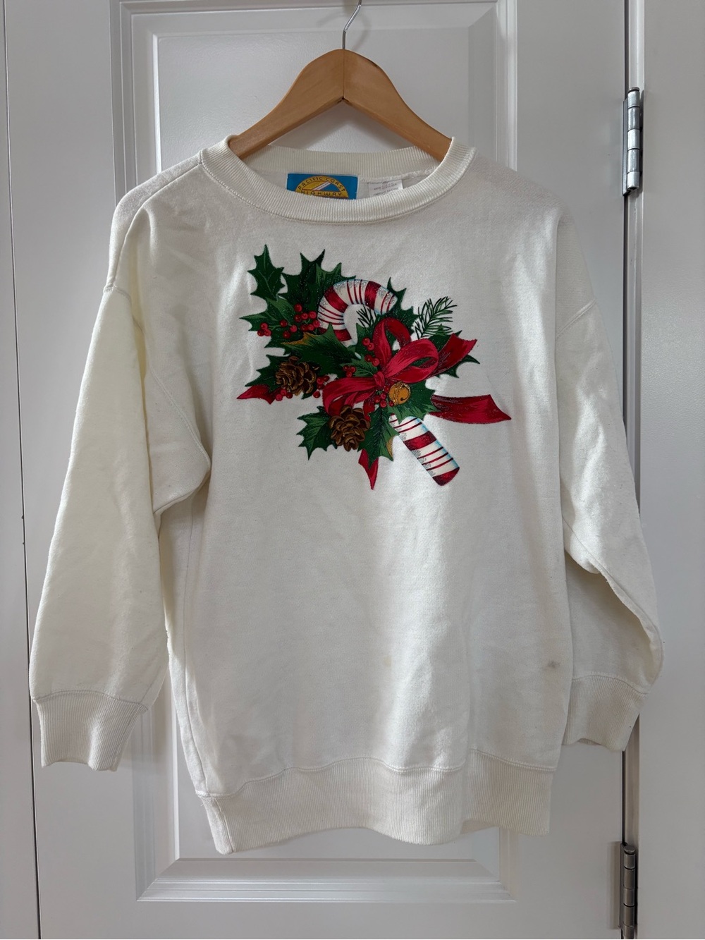 Vintage Holiday Candy Cane Christmas Sweater Graphic Crew Sweatshirt White